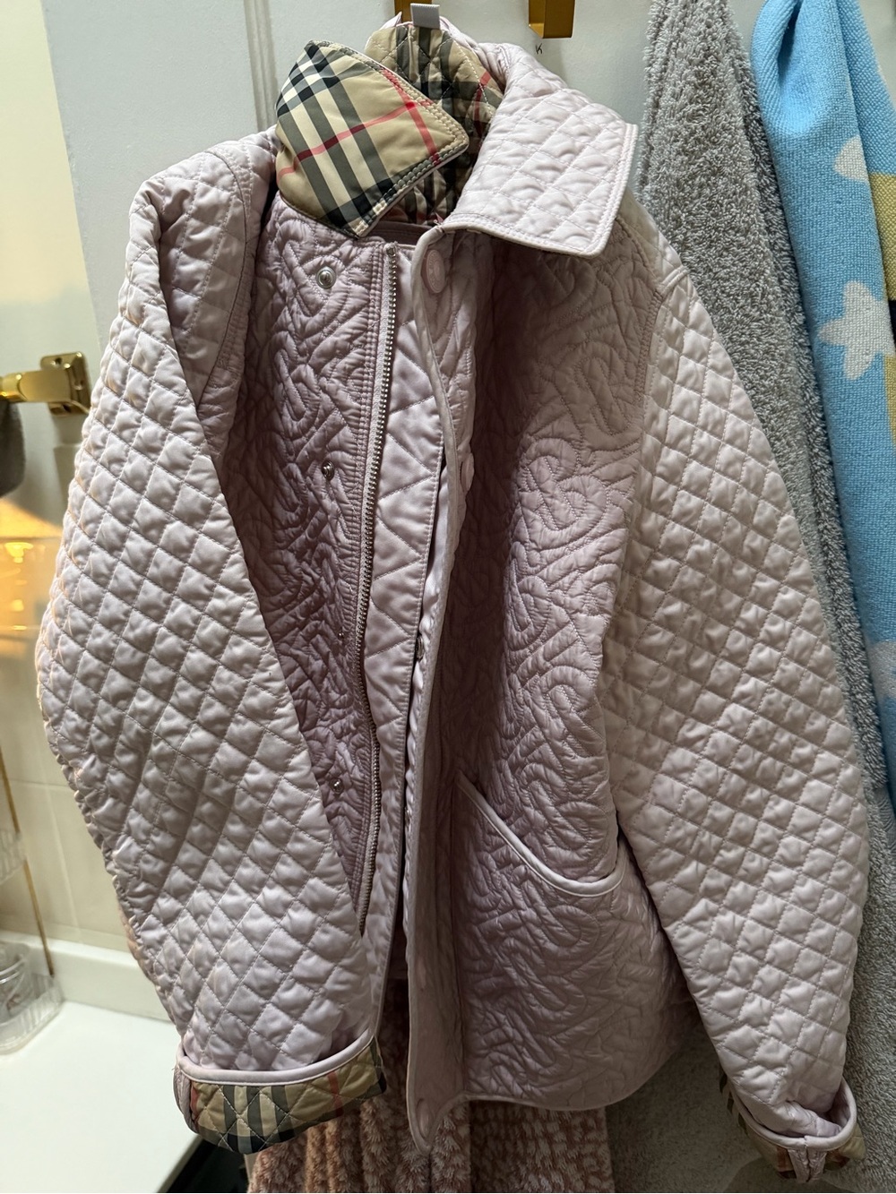 Quilted Light Pink kids Burberry Jacket with Signature Plaid Trim